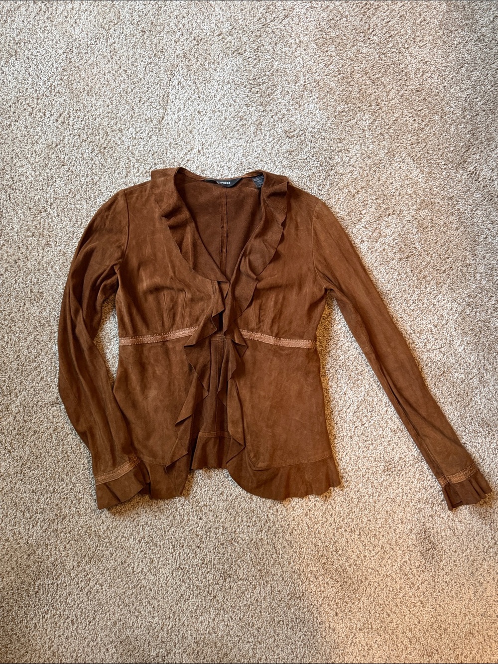 Express Brown Ruffle-Front Faux Suede Jacket